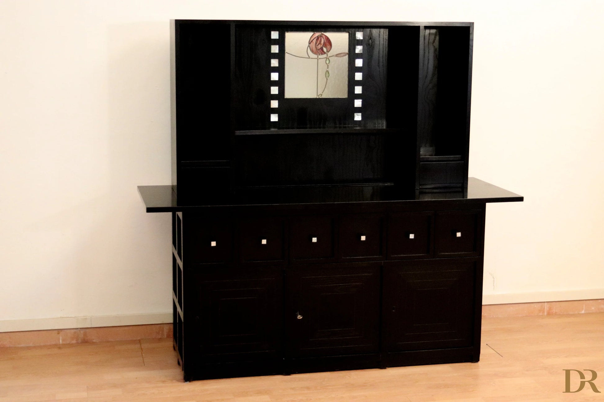 DS5 sideboard by Charles Rennie Mackintosh for Cassina, 1990s, in black Art Deco lacquer with red and gold floral mirror panel.