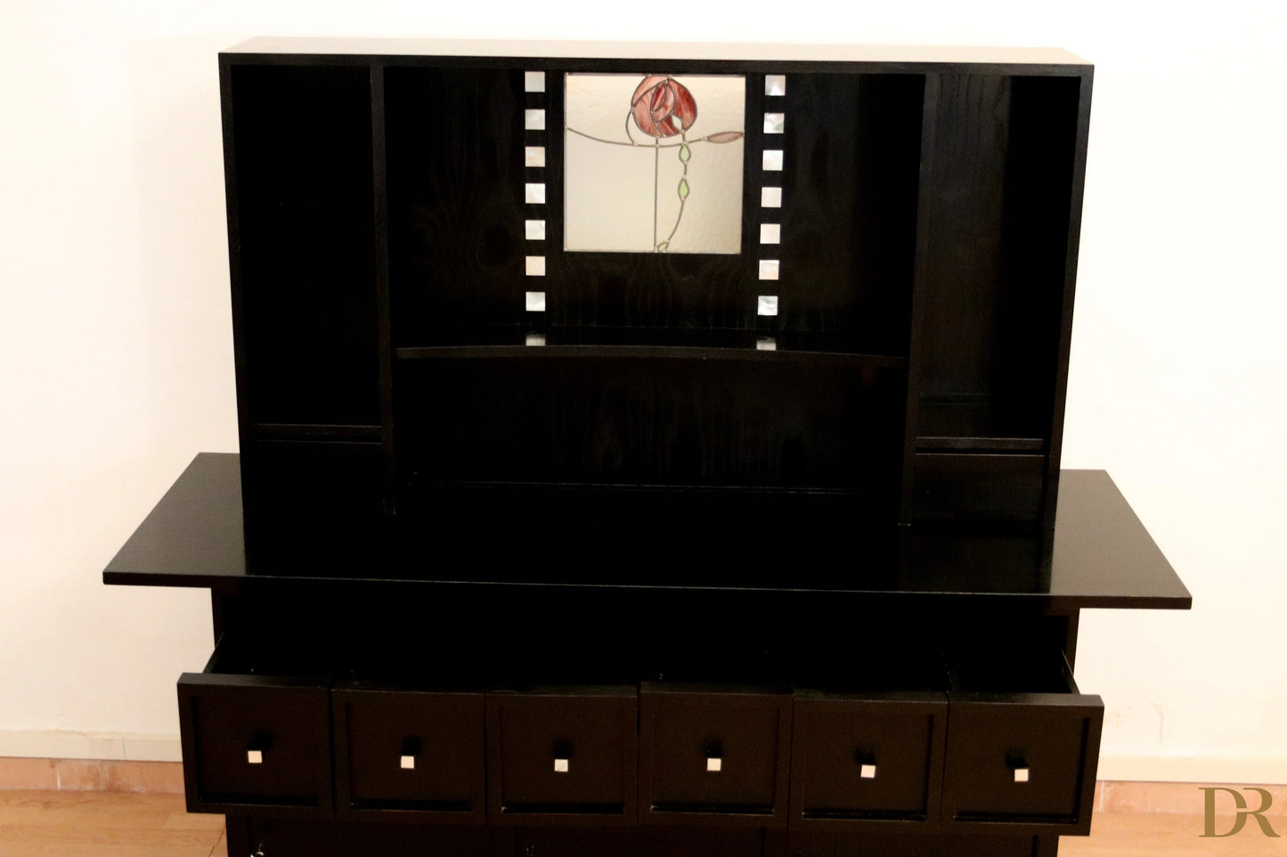 Black lacquered ds5 sideboard by charles rennie mackintosh with stained glass red rose panel and white accents, 90s