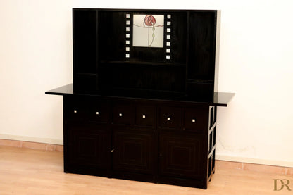 DS5 sideboard by Charles Rennie Mackintosh for Cassina, 1990s, with red rose stained glass panel and black lacquer finish
