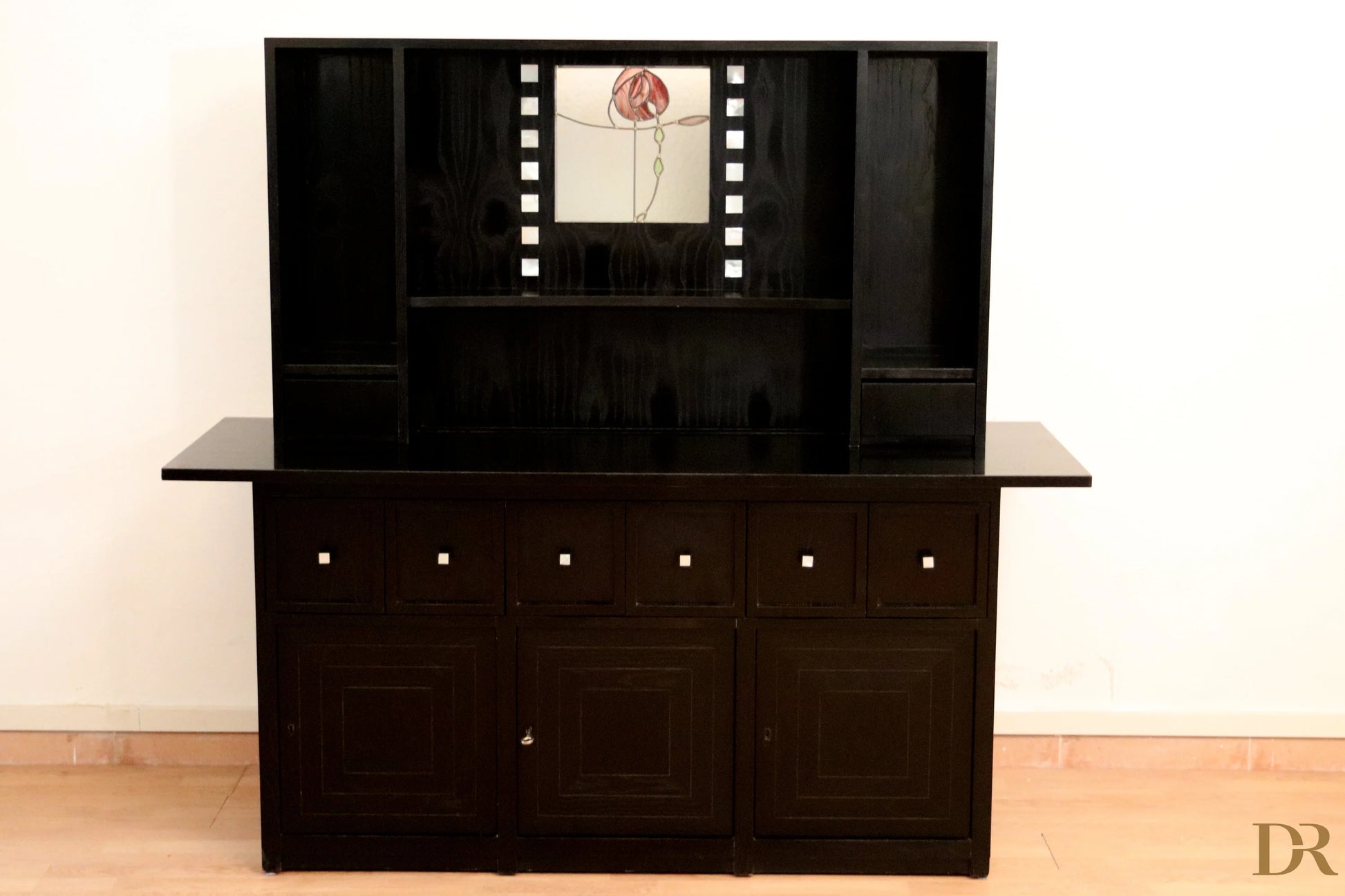 DS5 sideboard by Charles Rennie Mackintosh for Cassina with central panel in red flower stained glass and black lacquer finish