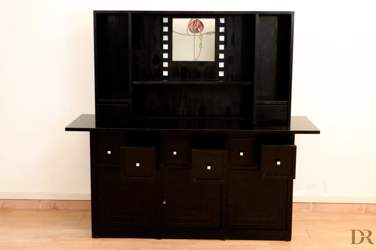 DS5 sideboard by Charles Rennie Mackintosh for Cassina, 1990s, in black lacquer with central glass panel and red Art Nouveau rose