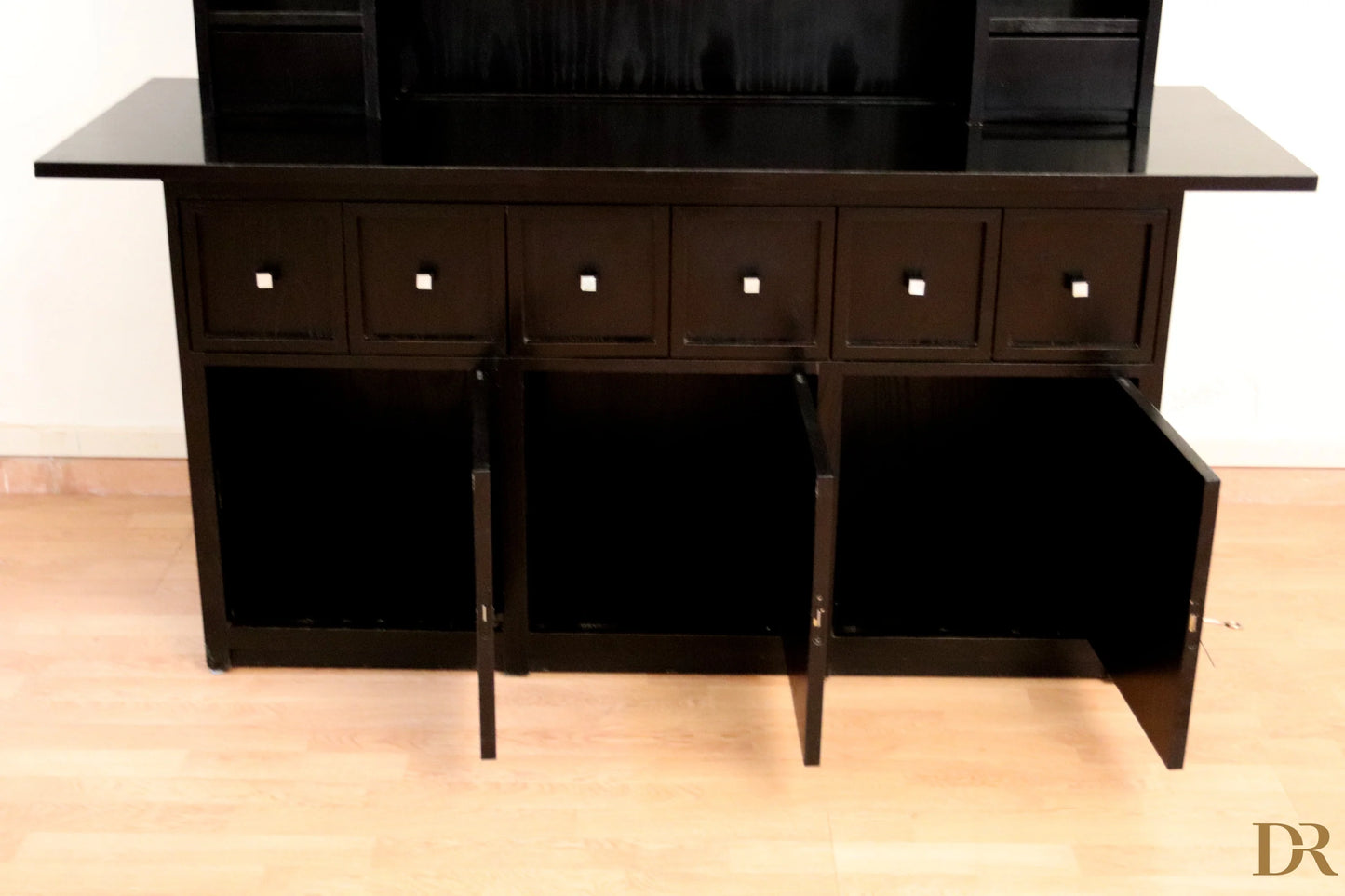 DS5 sideboard by Charles Rennie Mackintosh for Cassina in black lacquered wood with six drawers and three open doors, 1990s
