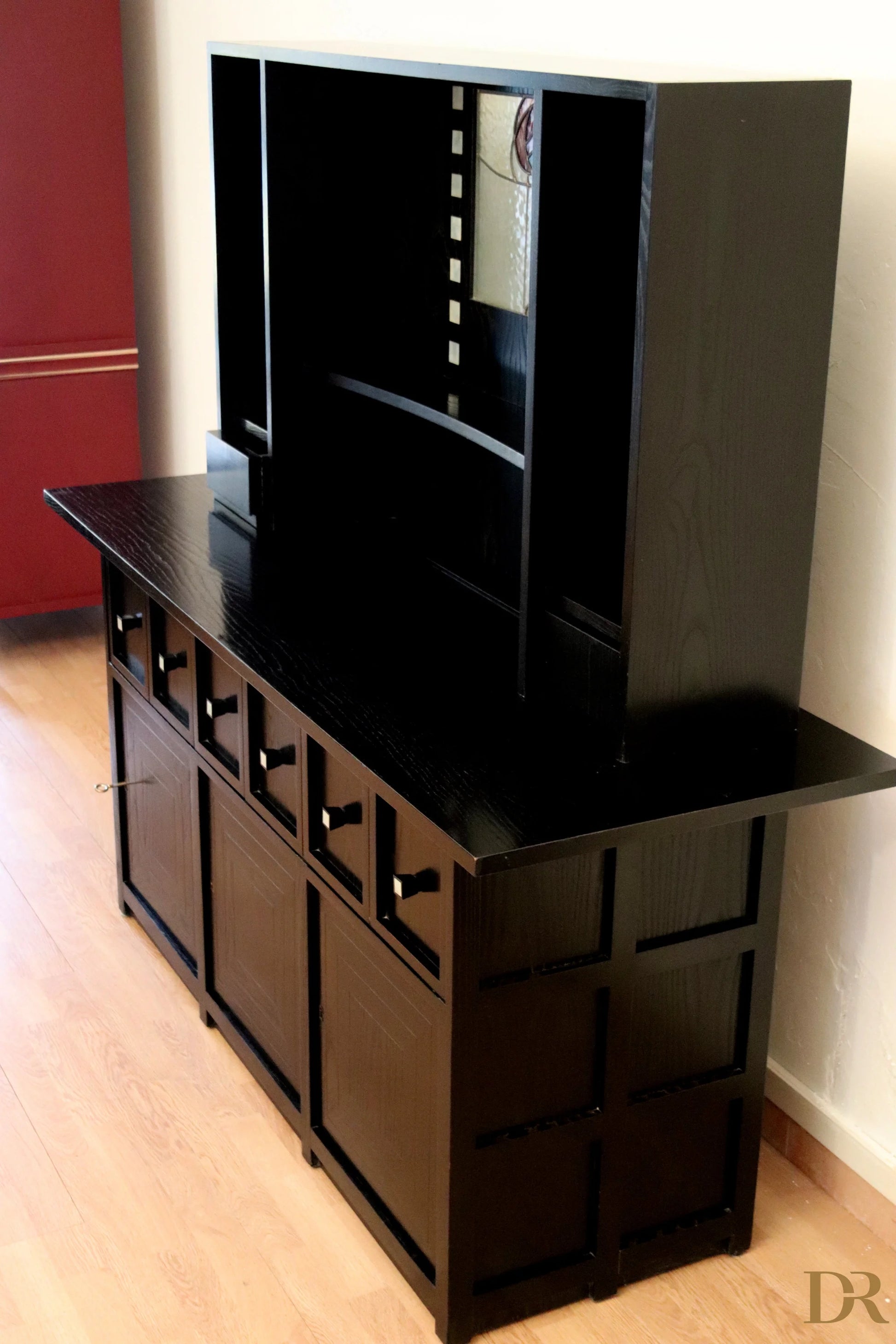Black lacquered wooden sideboard with mirrored back and drawers, DS5 sideboard by Charles Rennie Mackintosh for Cassina, 1990s