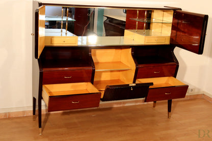 Mid-century sideboard by Osvaldo Borsani in mahogany, rosewood, and maple with high-gloss finishes and glass shelves.