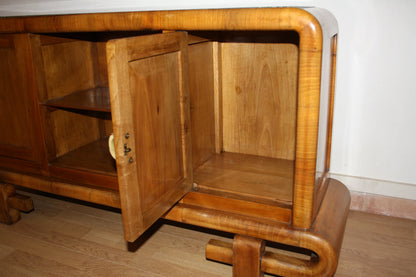 Toeletta in noce art decò anni 50 mid century modern con ante aperte in stile antiquariato vintage italiano