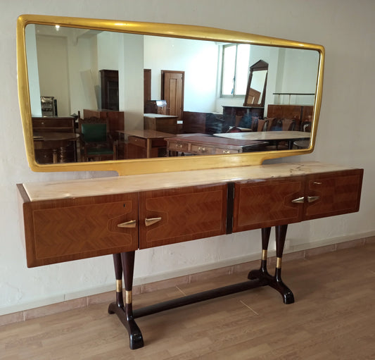 Mid-century console bar cabinet with wooden drawers and gold-framed mirror by Vittorio Dassi