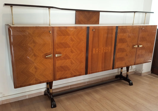 Mid-century wooden sideboard with geometric doors and metal feet, bar cabinet, console table, Vittorio Dassi