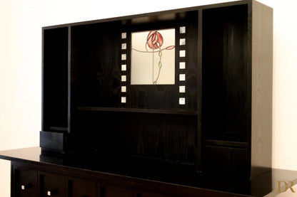 DS5 sideboard by Charles Rennie Mackintosh for Cassina, 1990s, in black lacquered wood with central panel in floral stained glass.
