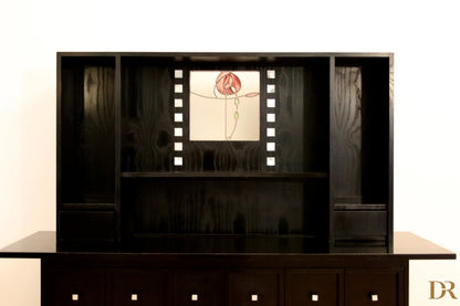 DS5 sideboard by Charles Rennie Mackintosh for Cassina, 1990s, in black wood with central panel in red rose stained glass.