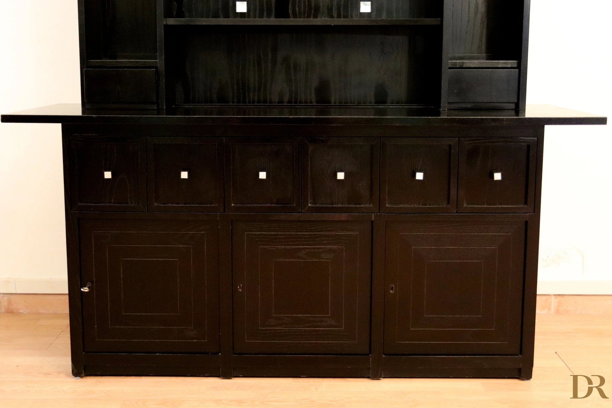 DS5 sideboard by Charles Rennie Mackintosh for Cassina, 1990s, in dark wood with six drawers and three doors, glossy finish.