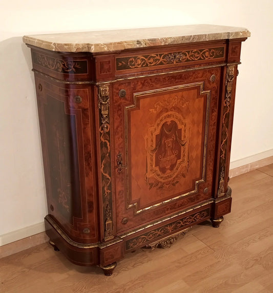 Splendid Victorian style low sideboard with brass, marble and wood inlays of various types.