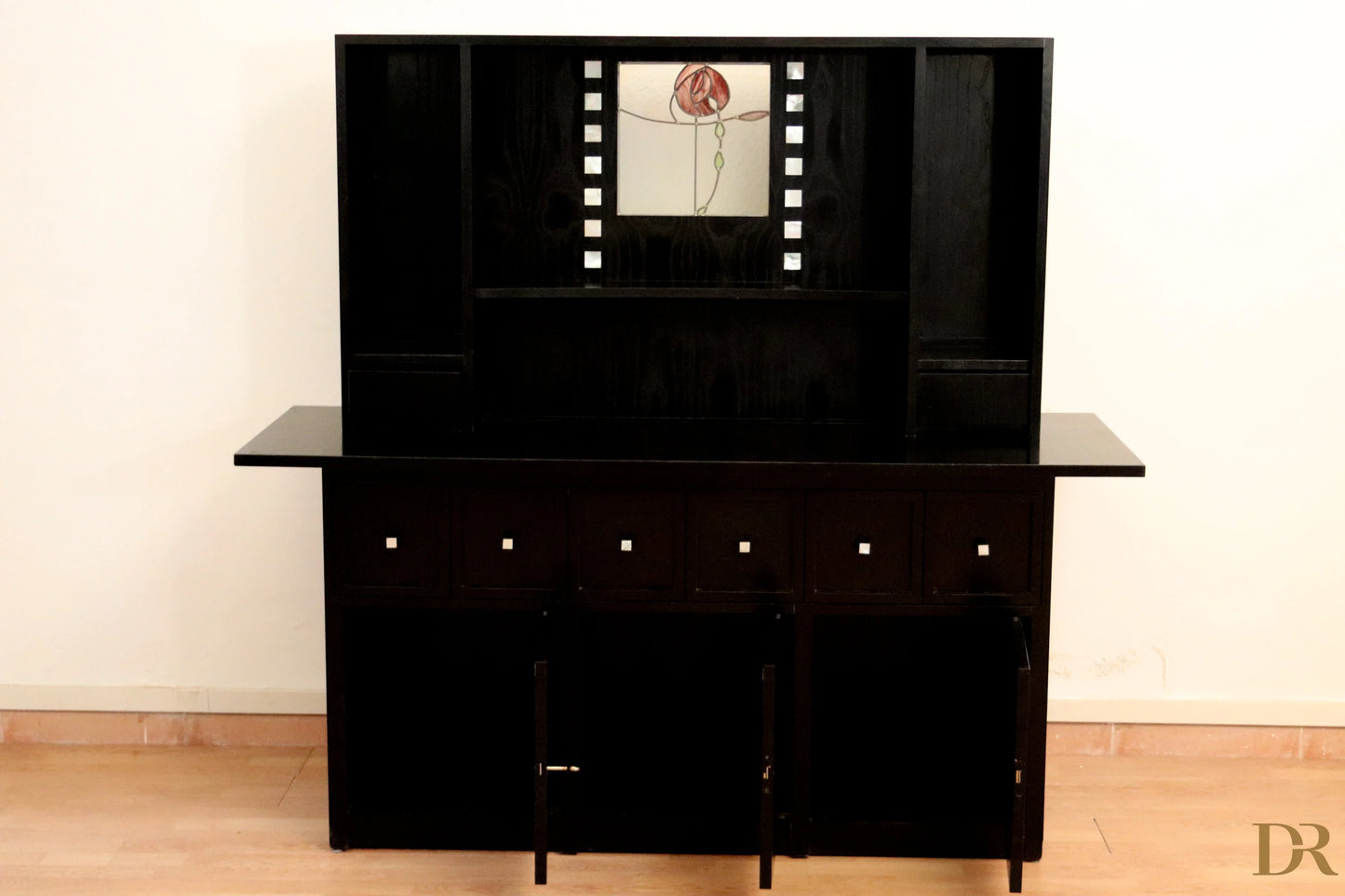 Charles Rennie Mackintosh DS5 Sideboard, 1990s, Art Deco black lacquer with red rose stained glass central panel