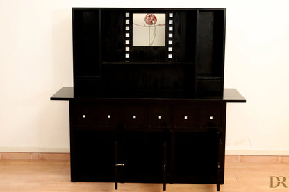 Charles Rennie Mackintosh DS5 Sideboard, 1990s, Art Deco black lacquer with red rose stained glass central panel