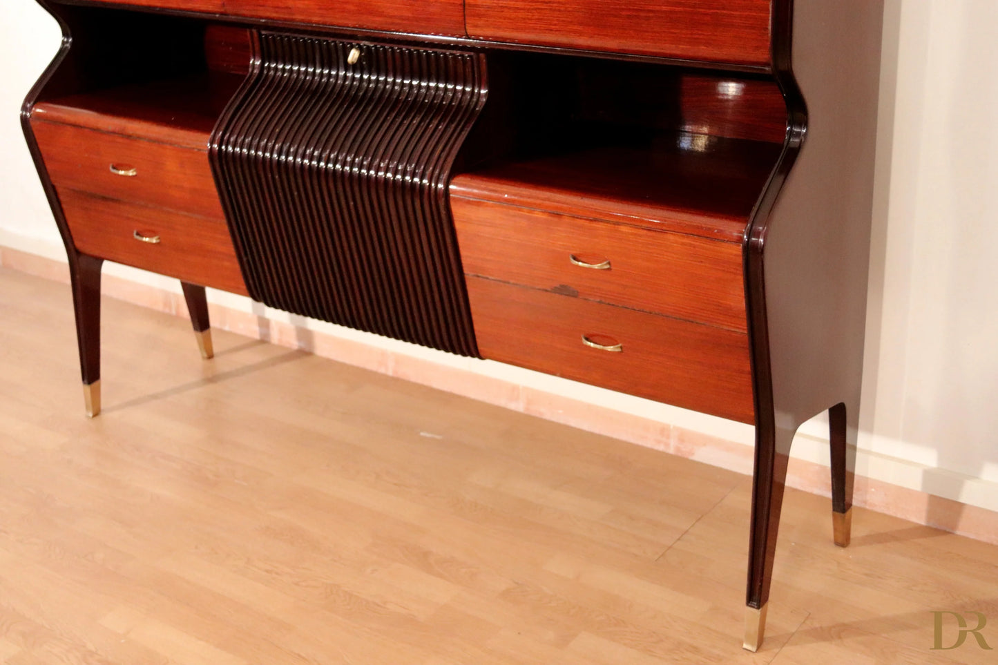 Rich mahogany secretary desk with ribbed black drum and brass hardware by Osvaldo Borsani, 1950s