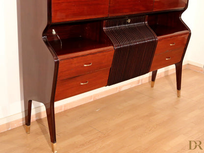 Mid-century mahogany sideboard by Osvaldo Borsani with curved center panel and brass legs, Borsani furniture, Varedo