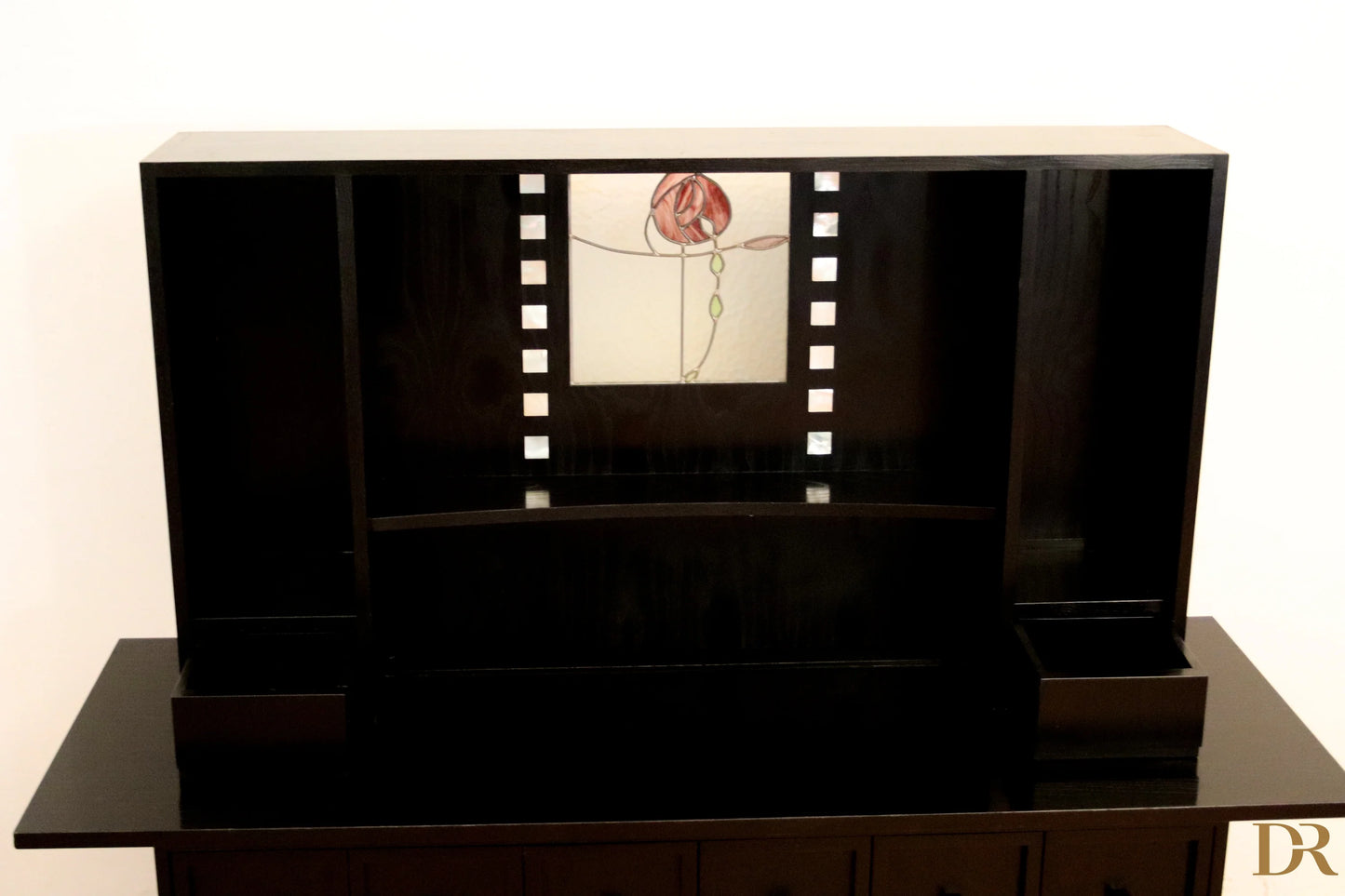 DS5 sideboard by Charles Rennie Mackintosh for Cassina, 1990s, with red and green floral decorative panel and film-style edges.