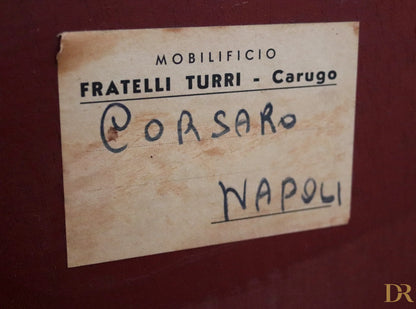 Vintage label on the back of a mid-century Osvaldo Borsani sideboard in mahogany, rosewood, and maple, Italy, 1950s.
