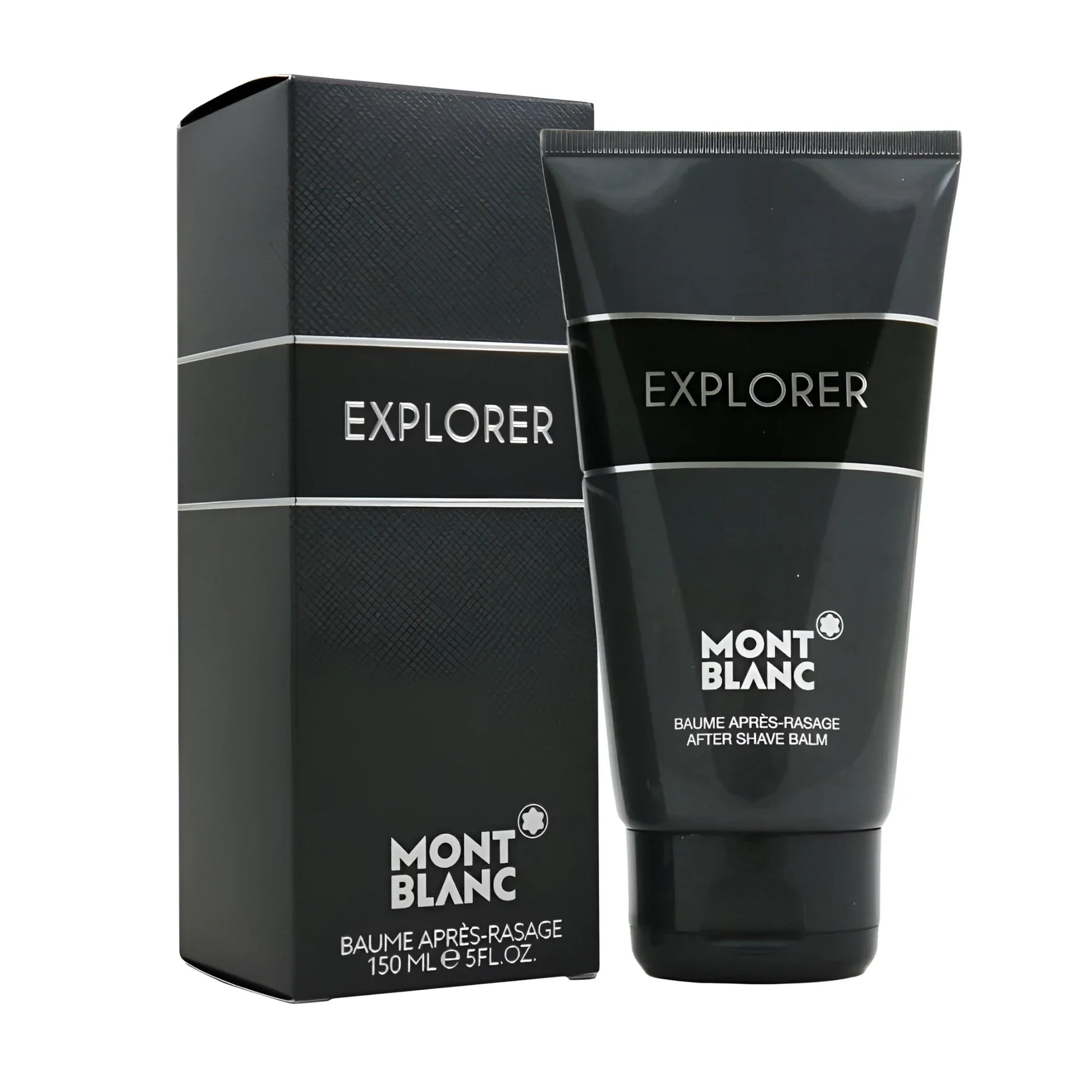 Montblanc explorer after-shave balm 150ml in black tube with silver accents and matching packaging woody-aromatic scent emphasizes