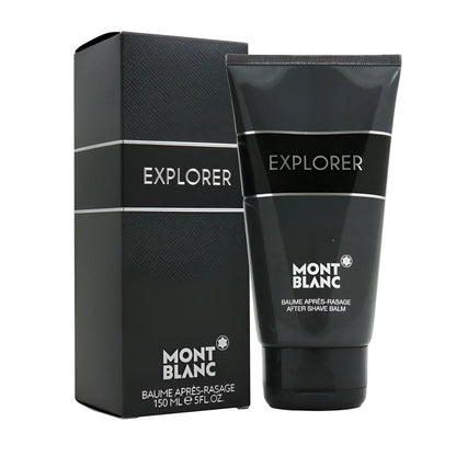 Montblanc explorer after-shave balm 150ml in black tube with silver accents and matching packaging woody-aromatic scent emphasizes