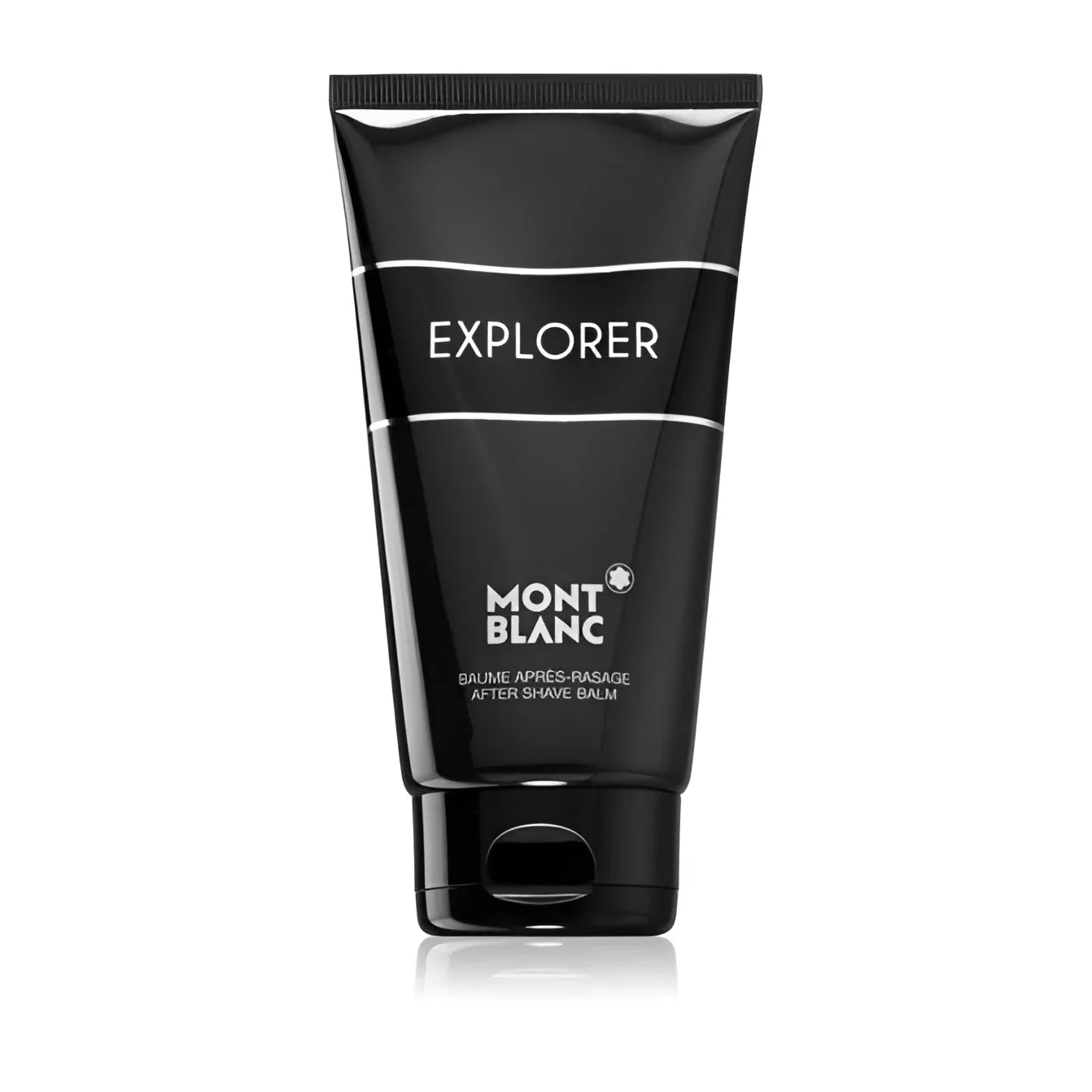 Montblanc explorer after-shave balm 150ml tube shiny black with white text minimalist woody-aromatic scent emphasizes
