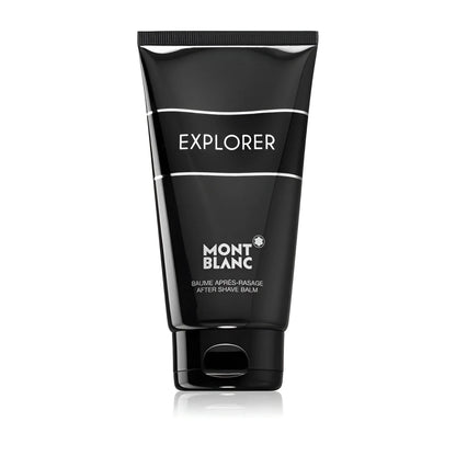 Montblanc explorer after-shave balm 150ml tube shiny black with white text minimalist woody-aromatic scent emphasizes