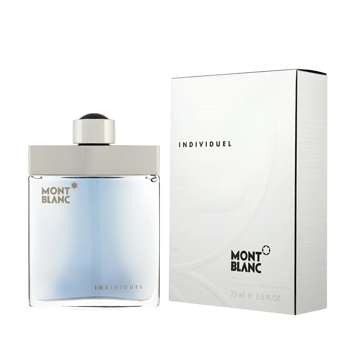 Montblanc Individuel eau de toilette 75ml in a clear glass bottle with a gradient blue liquid and a silver cap