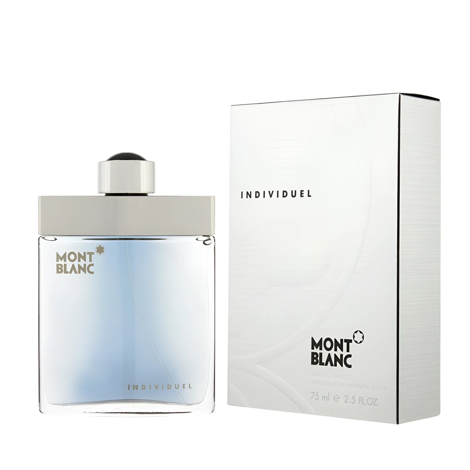 Montblanc Individuel eau de toilette 75ml in a clear glass bottle with a gradient blue liquid and a silver cap