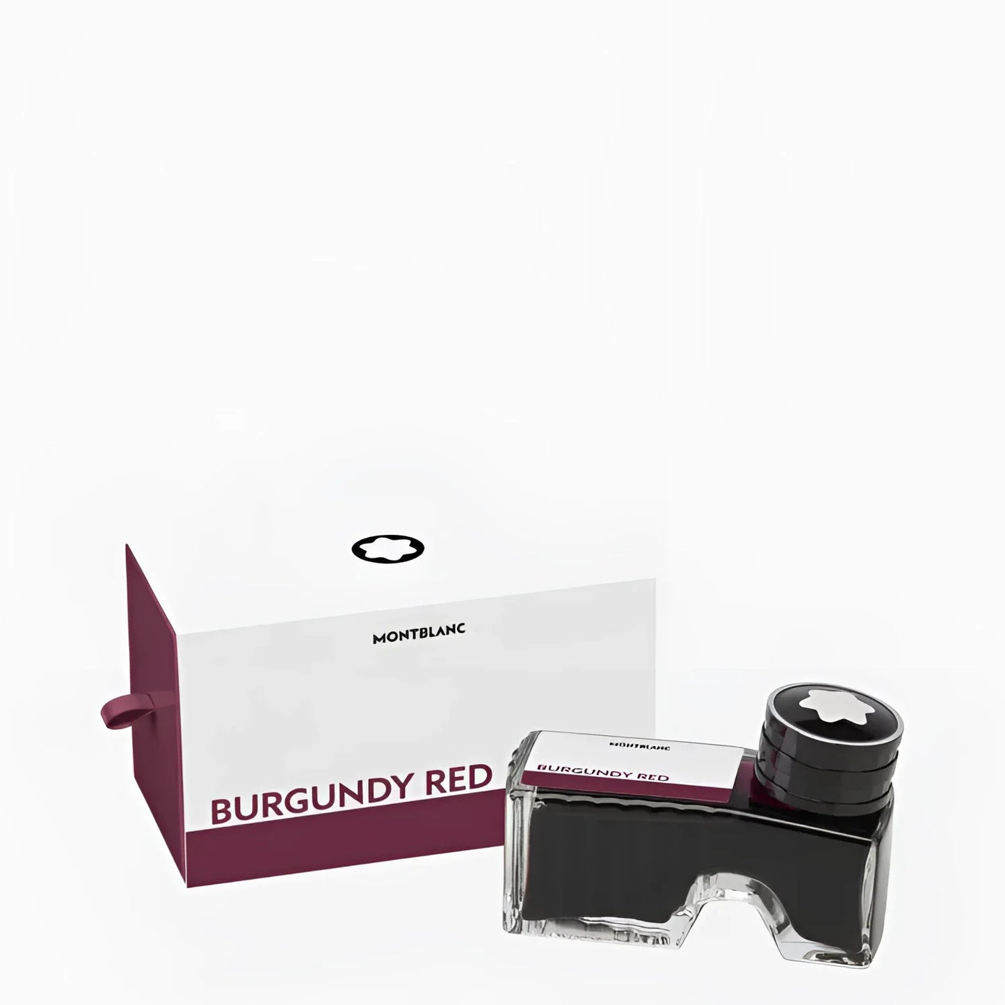 Montblanc 50ml Bordeaux red ink bottle with transparent glass body and black cap next to the branded packaging