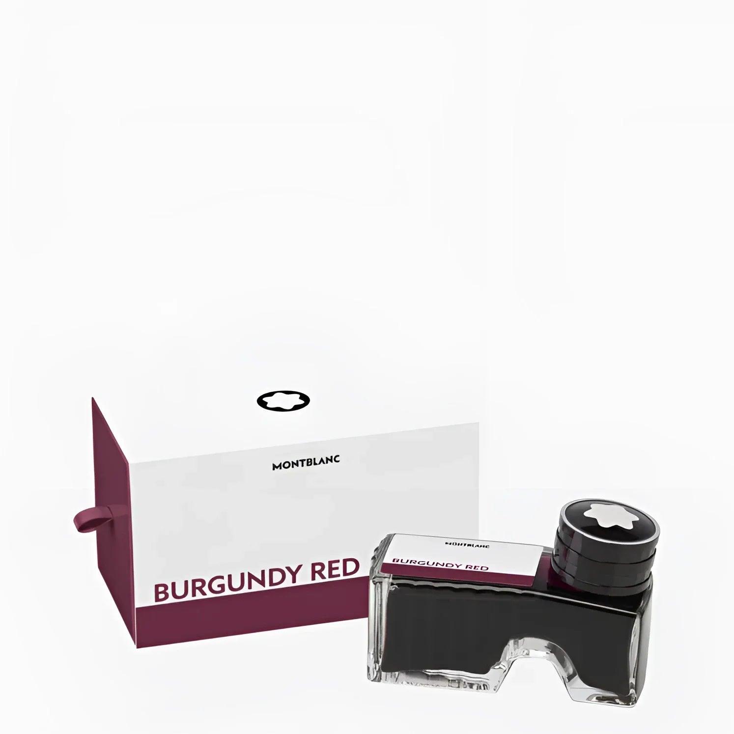 Montblanc 50ml Bordeaux red ink bottle with transparent glass body and black cap next to the branded packaging