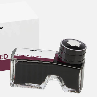 Montblanc 50ml ink bottle in elegant glass with black cap and star logo in burgundy red.