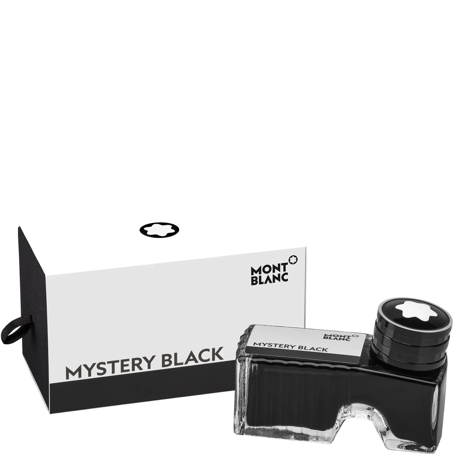 Montblanc 60ml Mystery Black ink bottle with black glass body and silver cap with star logo