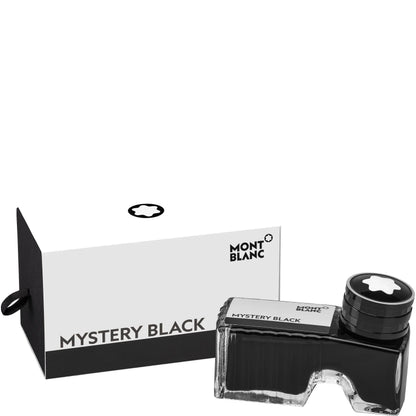 Montblanc 60ml Mystery Black ink bottle with black glass body and silver cap with star logo
