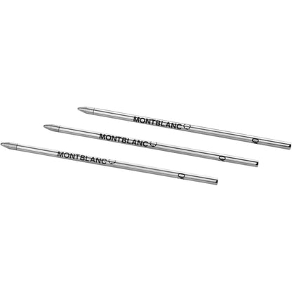 Three small Montblanc refills in mystery black with shiny metallic finish and branding engraving for ballpoint pen