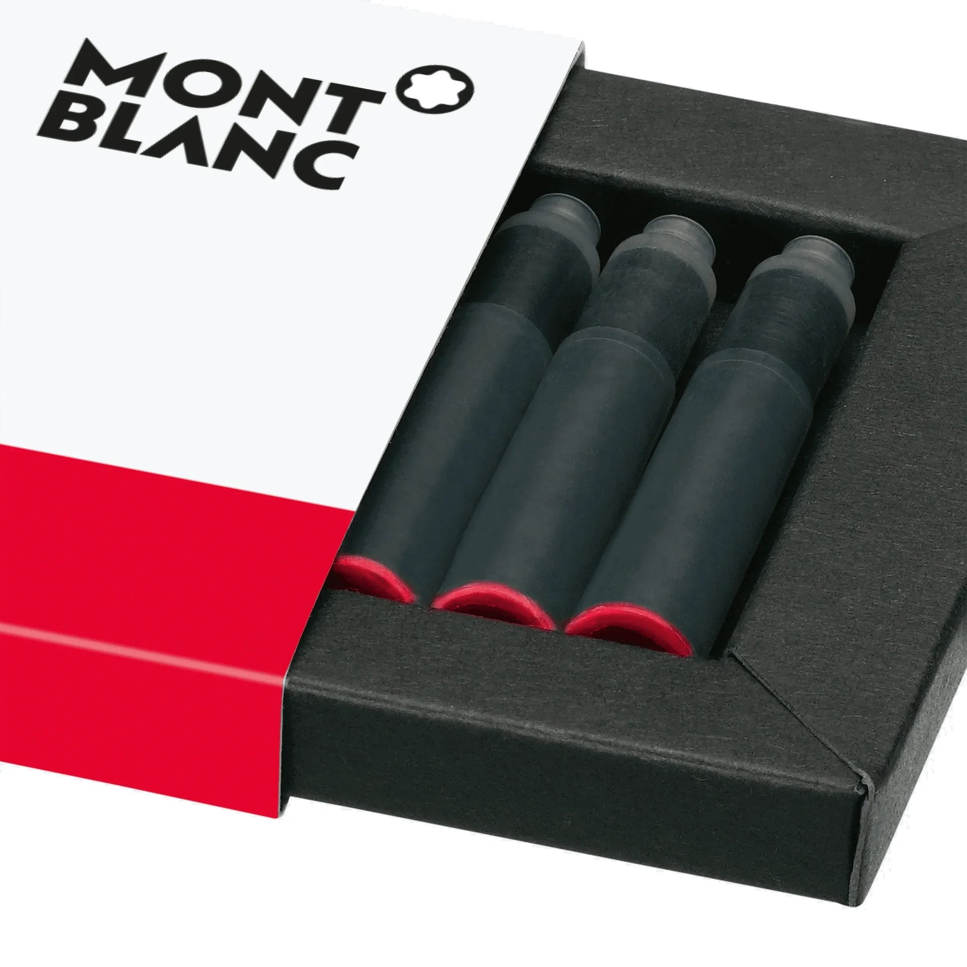 Montblanc ink cartridges in 8 pieces, Modena red color with red caps in elegant black and white packaging.