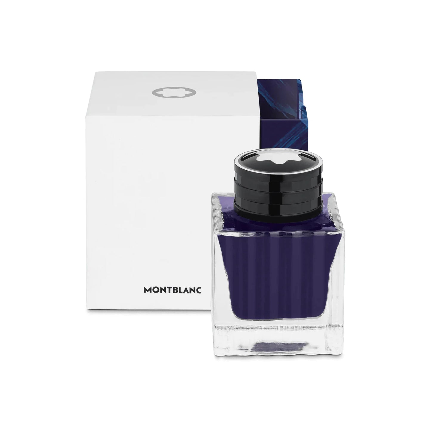 A sleek transparent glass boccetta d’inchiostro with faceted square design and black montblanc cap holding purple ink from collezione meisterstück glacier