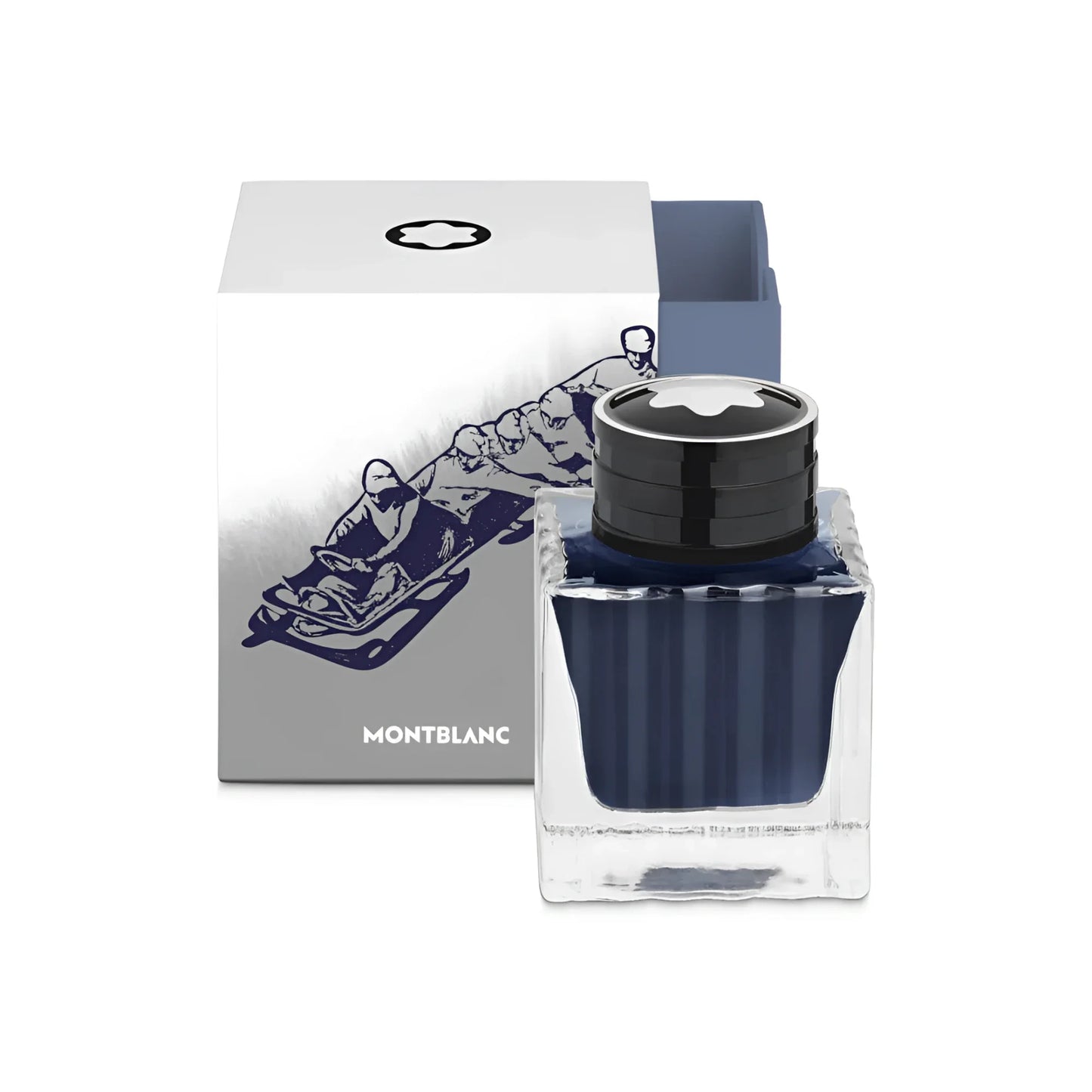 Montblanc 50ml ink bottle with navy blue ink and Olympic Heritage emblem in clear glass
