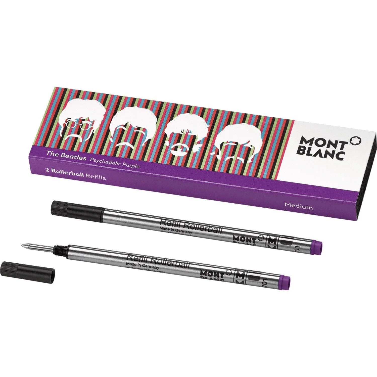 Montblanc 2 rollerball refills The Beatles Psychedelic Purple in elegant silver barrels with psychedelic purple tips.