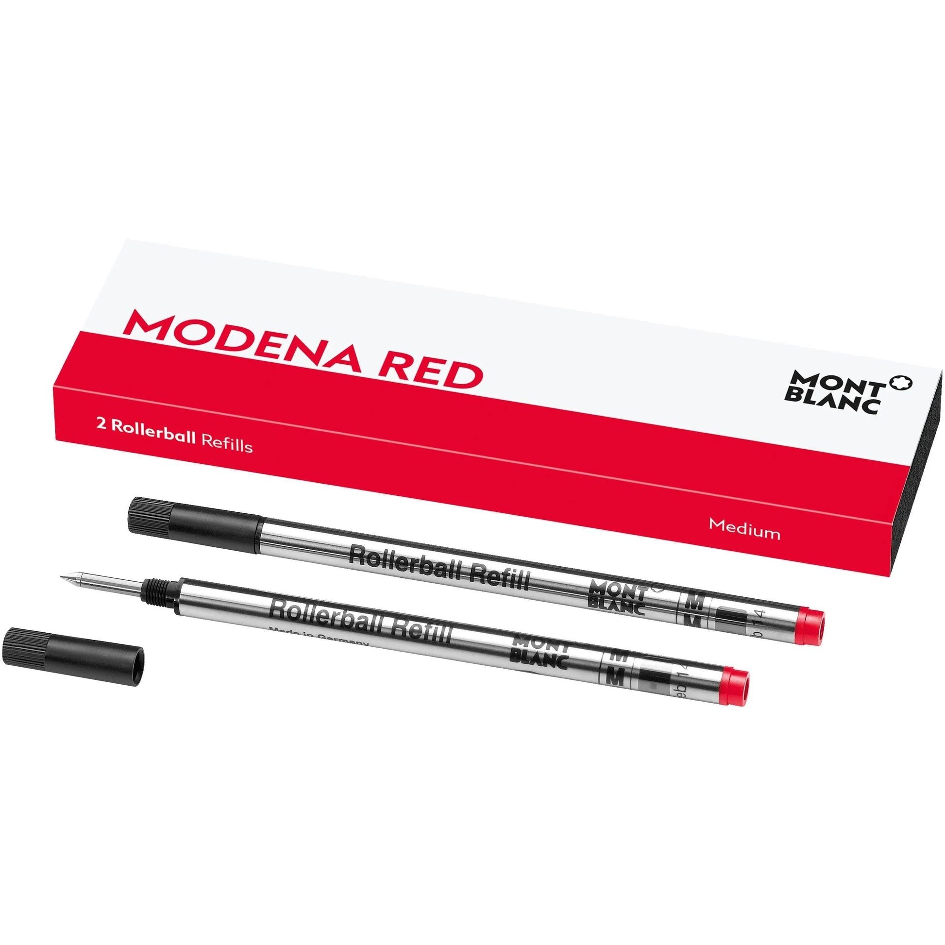 Montblanc 2 refills for medium rollerball pen, Modena red, with silver barrel and red cap for Montblanc except rollerball pens
