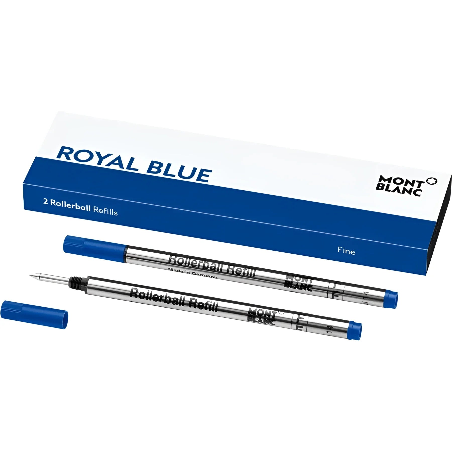 Refill rollerball montblanc royal blue blu fine punto con barre metalliche e cappucci blu per penna elegante