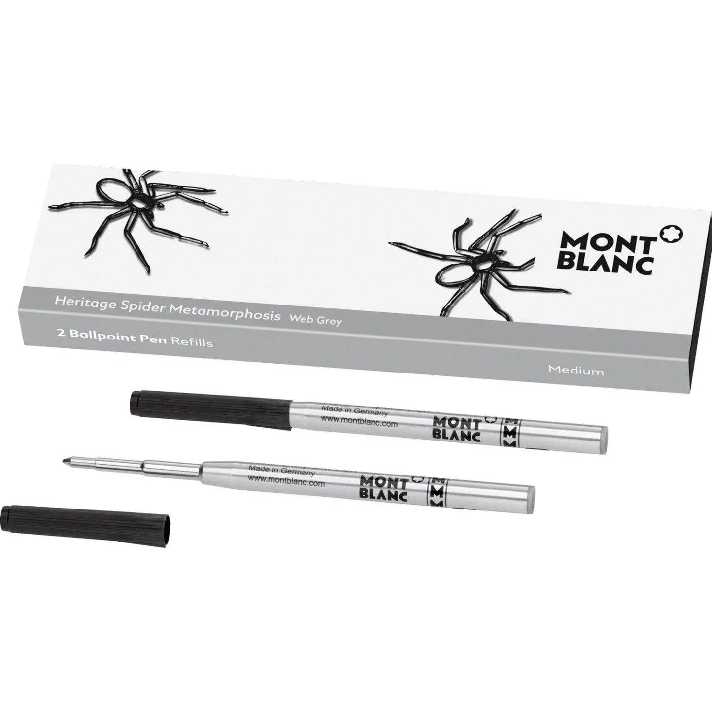 Montblanc Heritages Spider Grey Ballpoint Pen Refill with Silver Body and Black Cap in a Pack of 2