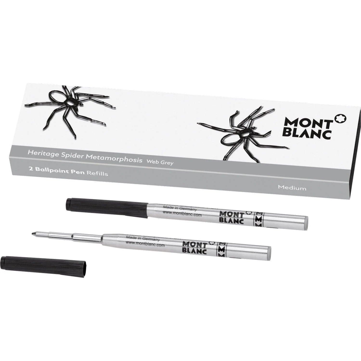 Montblanc Heritages Spider Grey Ballpoint Pen Refill with Silver Body and Black Cap in a Pack of 2