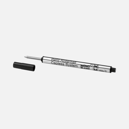 Refill montblanc roller medio nero mystery con corpo metallico argento e estremità nere in plastica senza cappuccio