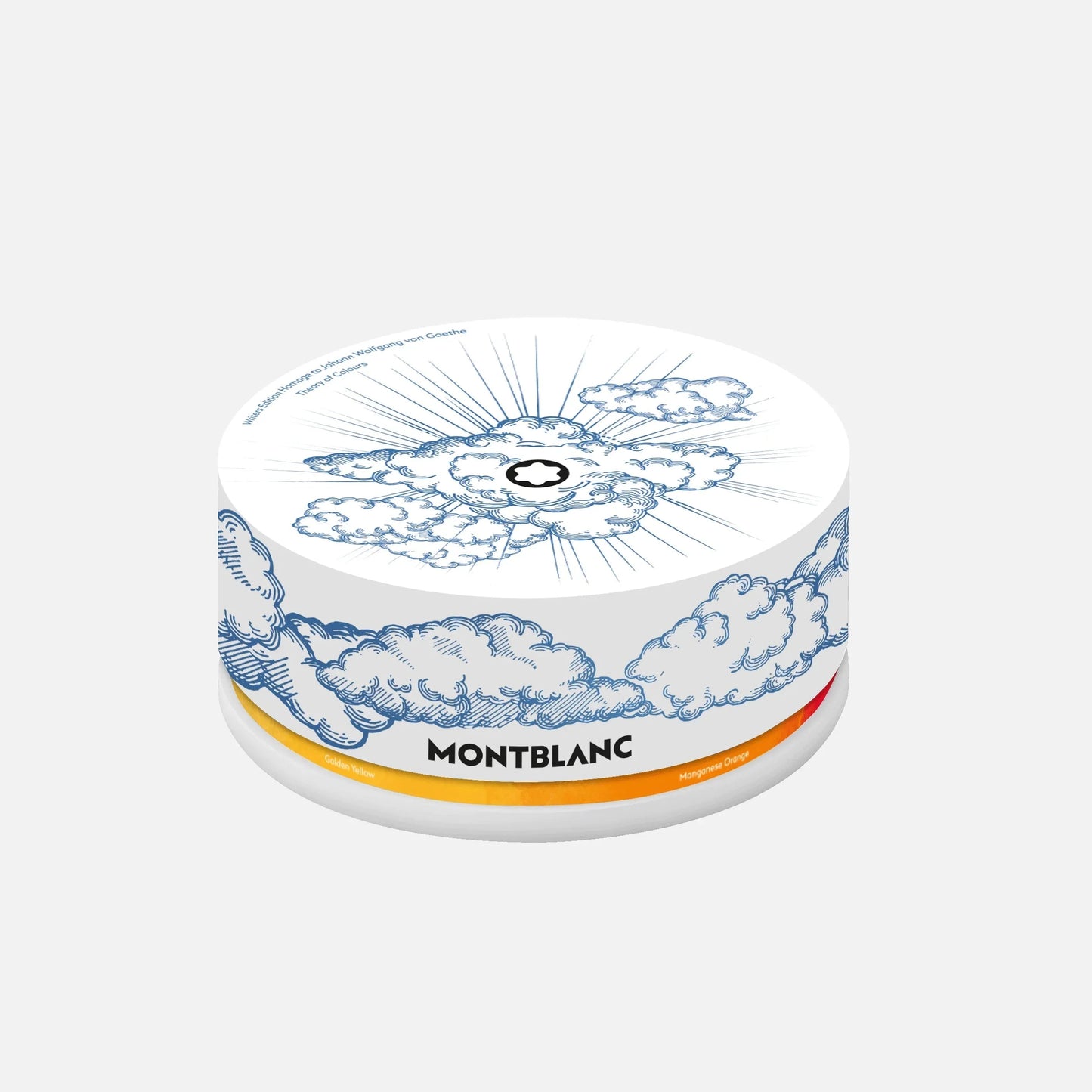 Montblanc white cylindrical box with blue illustrations and orange band Johann Wolfgang von Goethe ink bottle set