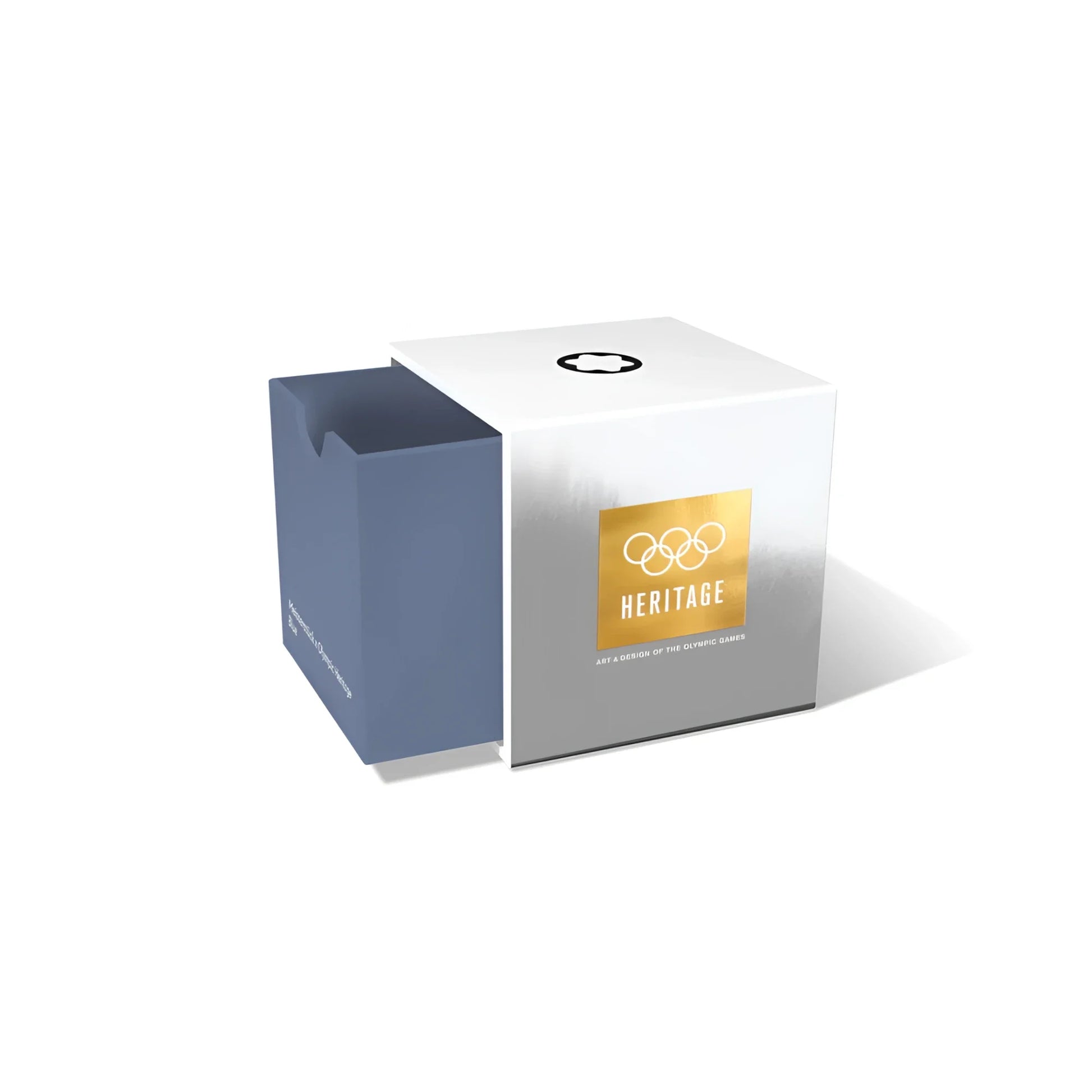 Montblanc rectangular box 50ml ink bottle silver and white with gold Olympic Heritage logo and blue interior