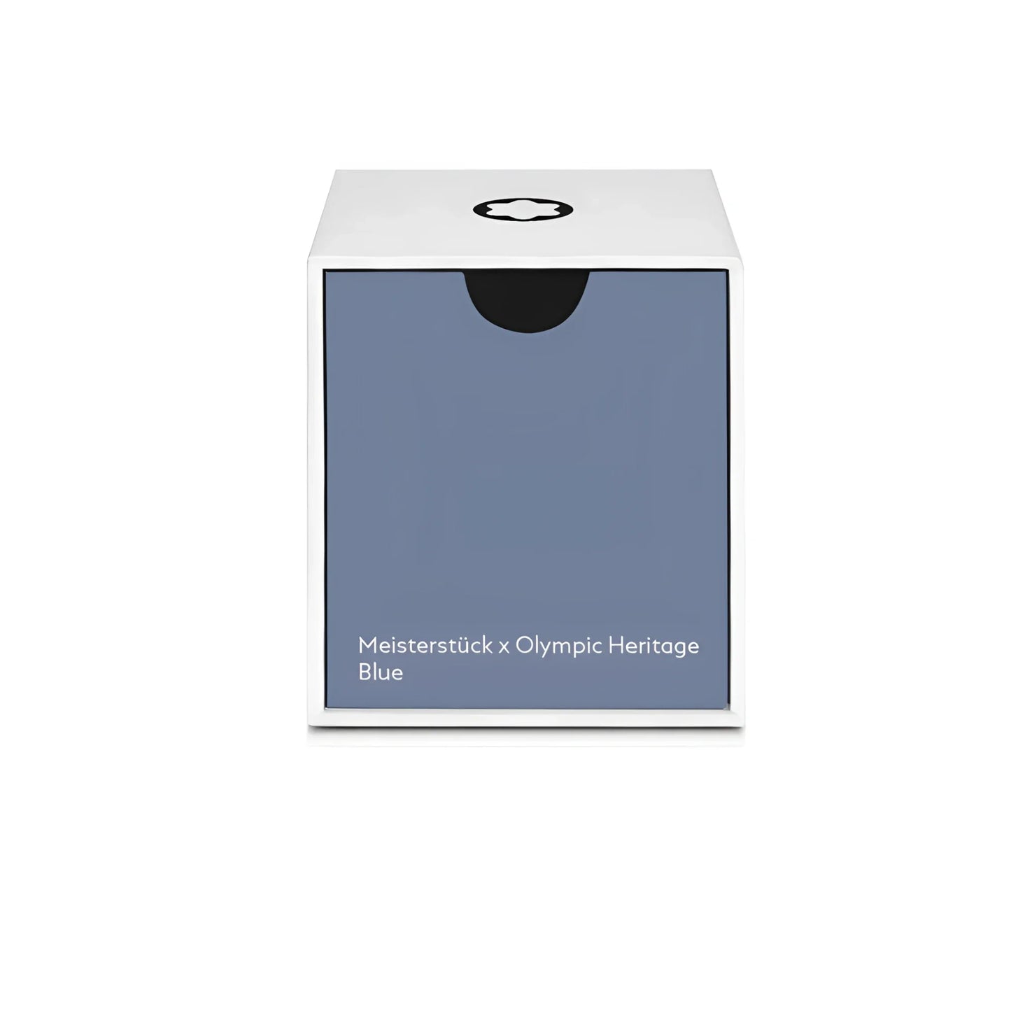 White rectangular box with matte blue front panel and black logo for Montblanc Olympic Heritage Blue ink bottle