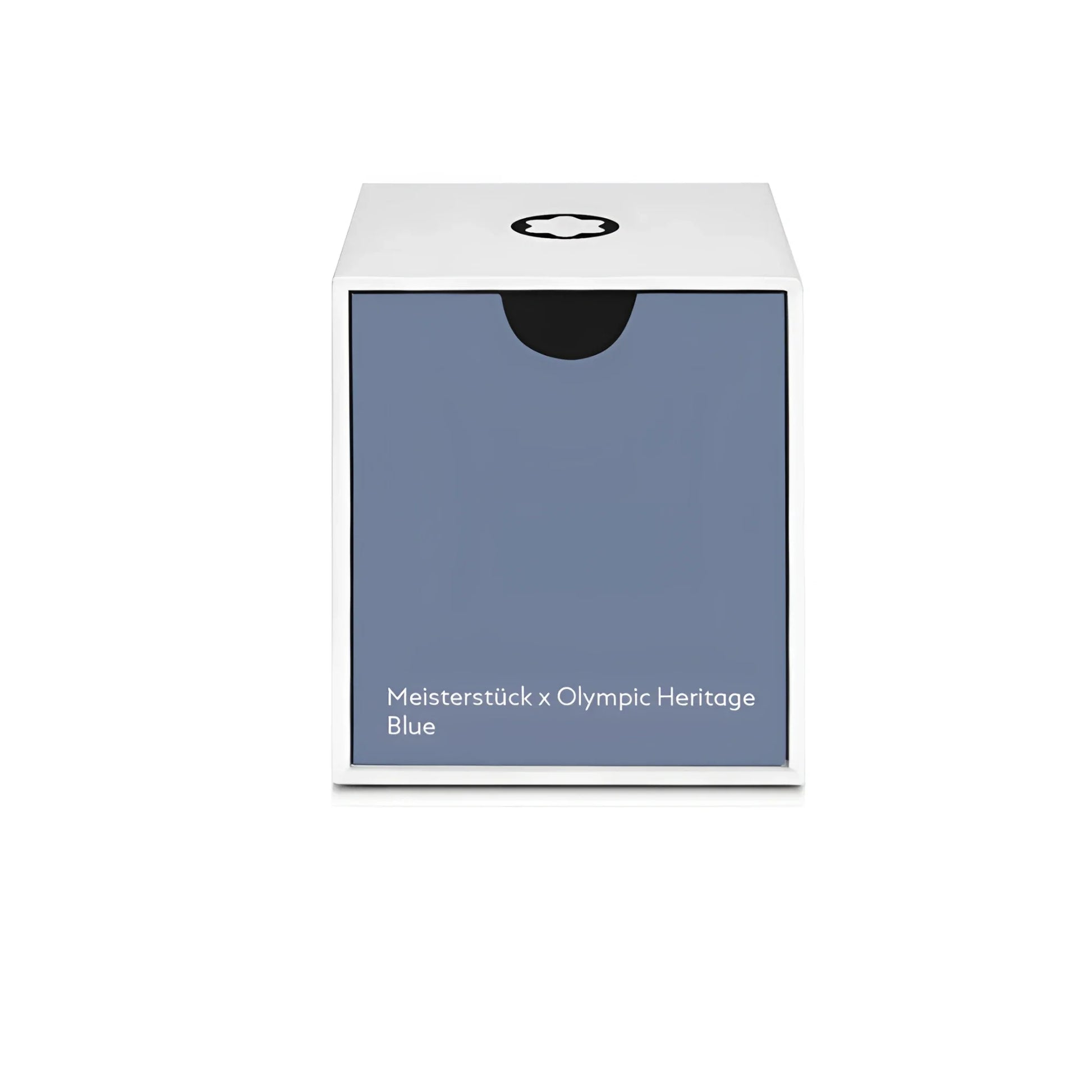 White rectangular box with matte blue front panel and black logo for Montblanc Olympic Heritage Blue ink bottle