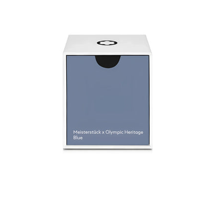 White rectangular box with matte blue front panel and black logo for Montblanc Olympic Heritage Blue ink bottle