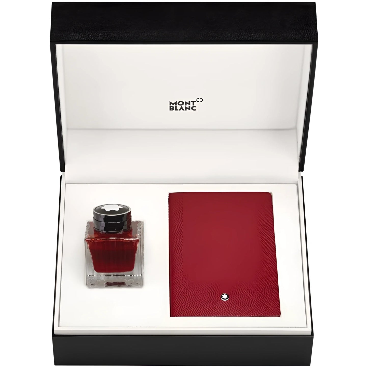 Montblanc red leather notebook set with silver emblem and 50 ml red ink bottle in transparent glass