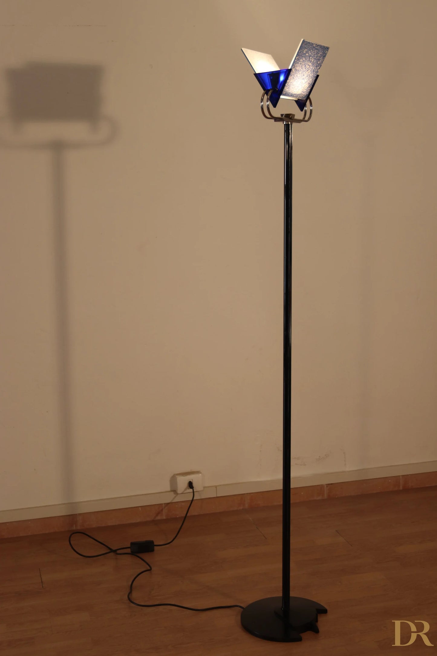 Arteluce Triana black vintage floor lamp with blue glass shade in an angular design by award-winning duo Perry