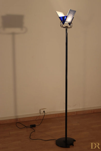 Arteluce Triana black vintage floor lamp with blue glass shade in an angular design by award-winning duo Perry